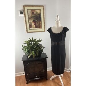 Adrianna Papell Women's Lined Sleeveless Black Dress 10 Attached Belt Sheath